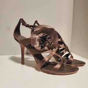 Louis Vuitton Brown Satin Floral Strap Heels with Embellishment